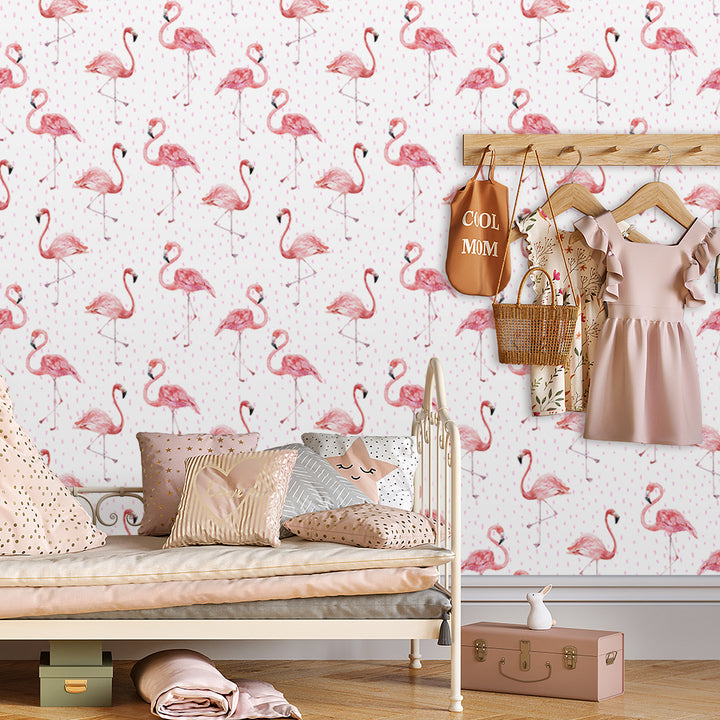 Pink flamingo wallpaper with watercolor birds on soft blush background, perfect for nurseries, girls’ rooms, or tropical-inspired décor, removable and eco-friendly peel-and-stick or pre-pasted options.