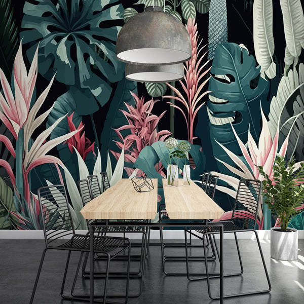 tropical leaf wallpaper, jungle wallpaper mural, bold botanical wall art, dark floral wallpaper, peel and stick tropical mural, rainforest wall design, large leaf wallpaper, statement wall jungle print, tropical vibe room décor, luxury jungle theme wallpaper