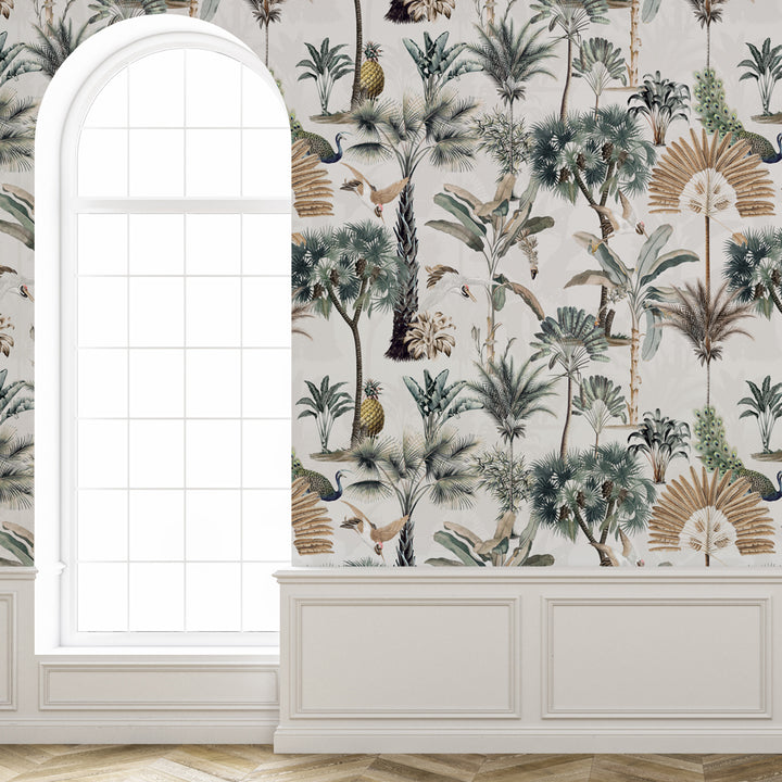 Luxury botanical wallpaper with tropical foliage, peacocks, and pineapples in a vintage-inspired design."