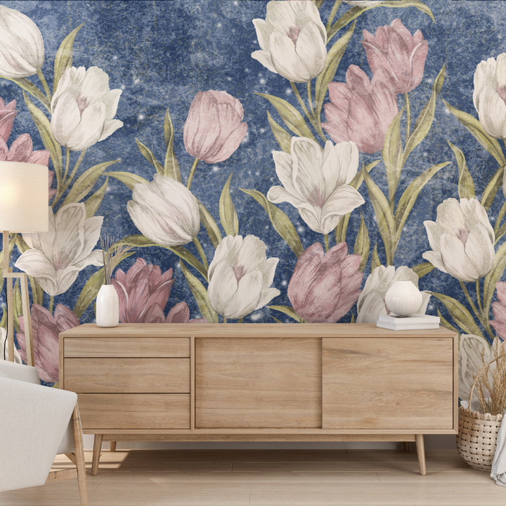 Floral Tulip Flower Peel and Stick Removable Wallpaper, Pink and White Floral Wallpaper Peel and Stick Wallpaper