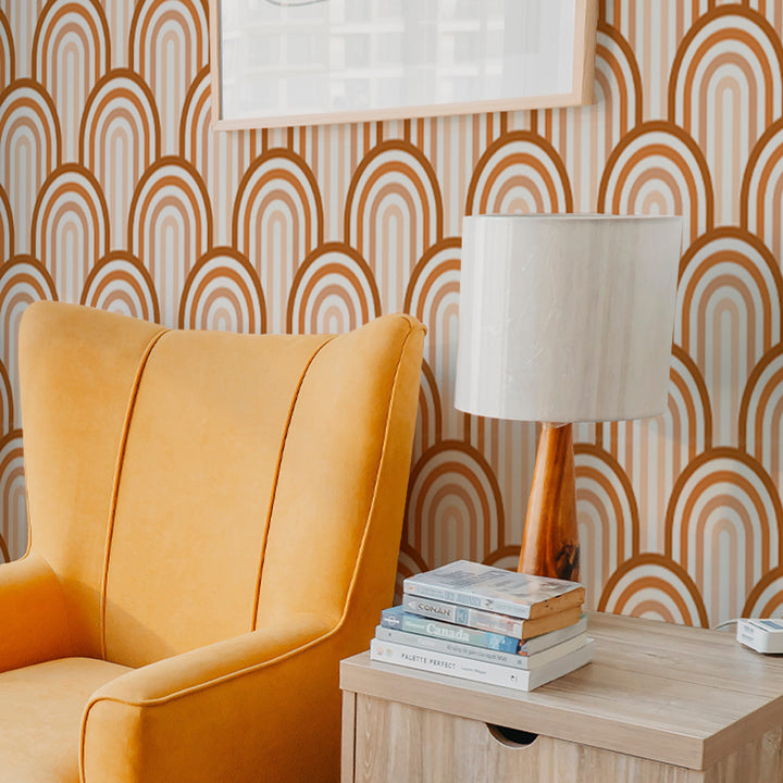 Caramel and cream repeating arch wallpaper inspired by mid-century design, available as removable peel and stick or easy-install pre-pasted wallpaper.