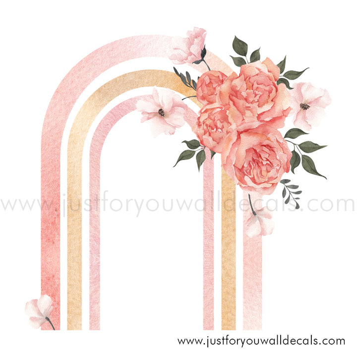 rainbow flower wall decal, floral rainbow wall decal, pink and gold rainbow wall decal with pink flowers. Girls room wall decal
