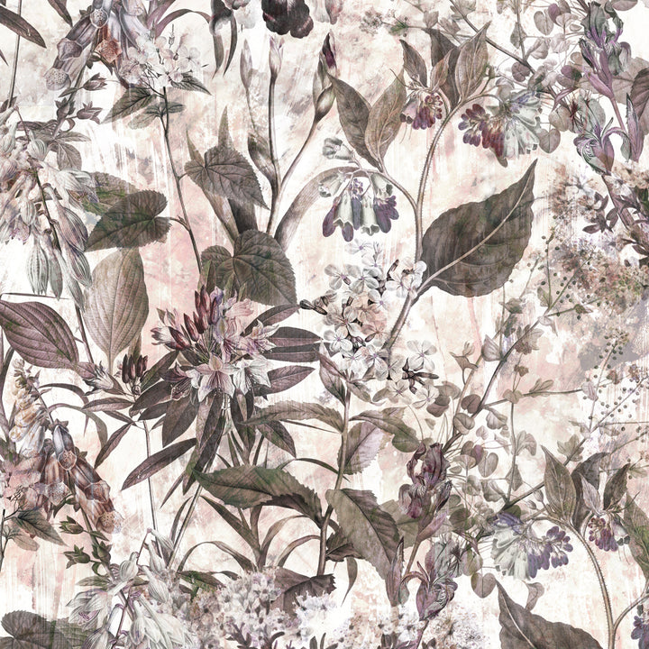 Elegant botanical wallpaper featuring hand-painted watercolor flowers and leaves on a textured background.