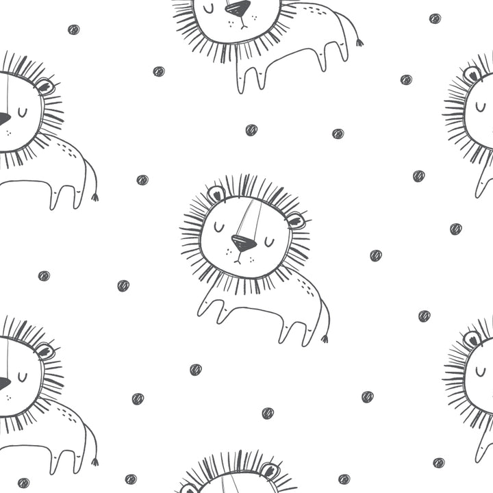 Scandinavian style kids wallpaper with simple lion illustrations and tiny dot accents in black and white, available as peel and stick or pre-pasted.