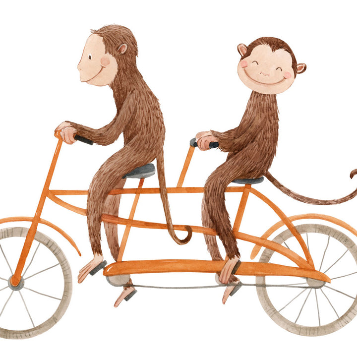 Cute monkey bicycle wallpaper design adding fun and motion to kids’ bedrooms or play areas, eco-friendly and simple to install for quick room transformations.