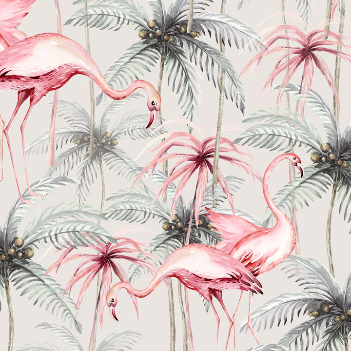 Lush tropical wallpaper featuring graceful flamingos and watercolor palm fronds, eco-friendly, removable, and easy to apply for a bold accent wall.