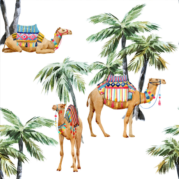 Safari-inspired wallpaper featuring watercolor camels and palm trees, eco-friendly materials and easy DIY peel and stick or pre-pasted application.