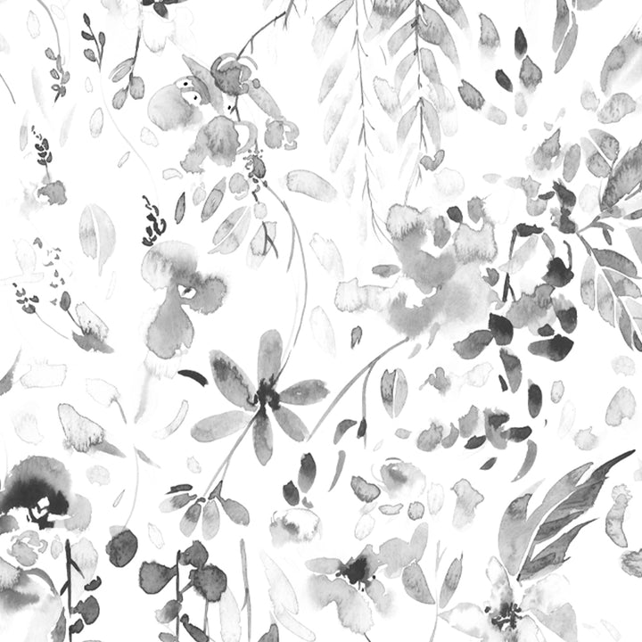 Modern watercolor flower wallpaper in grey tones, featuring scattered blooms and organic foliage, removable and renter-safe in peel and stick or pre-pasted format.