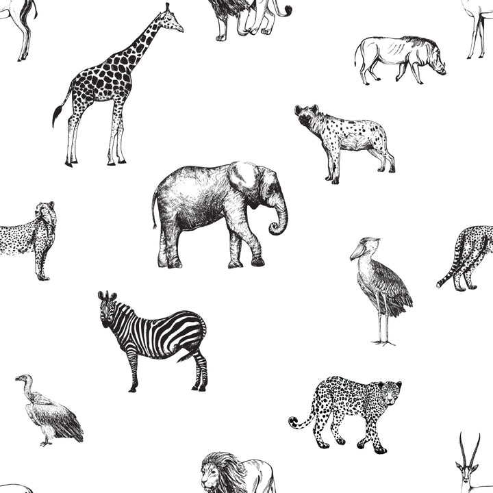 Neutral safari wallpaper with black and white illustrations of animals, ideal for gender-neutral nursery décor, removable peel-and-stick or pre-pasted wall covering.