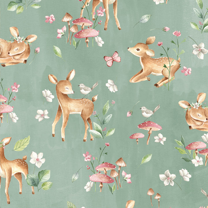 Storybook-inspired nursery wallpaper with illustrated deer, butterflies, and meadow plants in soft pastel colors, available in peel and stick or pre-pasted material.