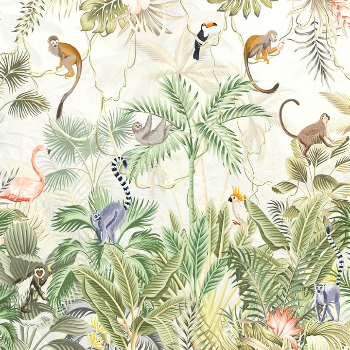 Removable rainforest wallpaper, Wildlife adventure wall mural, Exotic animal jungle wallpaper, Nature-inspired kids room decor, Playful monkey wallpaper for nursery, kids nursery safari jungle animal, removable peel and stick wallpaper