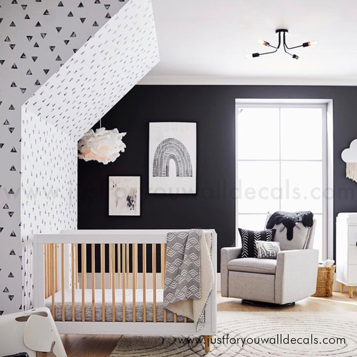 Triangle wallpaper, Black and white wallpaper, Modern geometric wallpaper, Minimalist wallpaper design, Contemporary home décor, Scattered triangle pattern, Neutral home wallpaper, Trendy wallpaper ideas, Versatile wallpaper, Easy-to-install wallpaper
