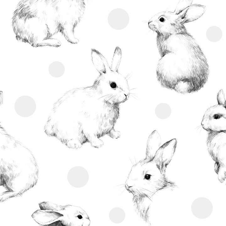 Black and white bunny wallpaper pattern with detailed pencil-style rabbits on white dotted background, removable, damage-free, and printed on eco-friendly wallpaper material.
