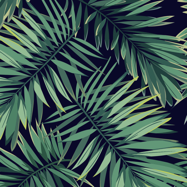 Midnight blue tropical wallpaper featuring realistic green palm leaves, perfect for living rooms or bedrooms, removable and damage-free.