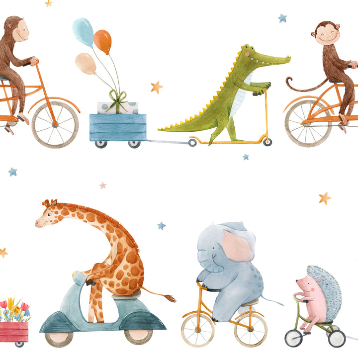 Playful animal wall decor with watercolor giraffes, elephants, and monkeys on bikes, peel and stick or pre-pasted wallpaper safe for children’s spaces.