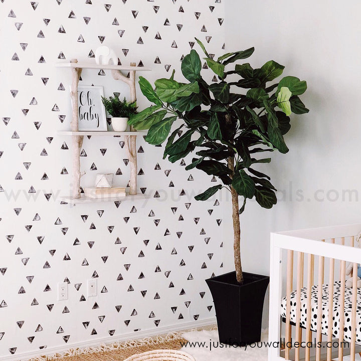 triangle wallpaper, Triangle wallpaper, Black and white wallpaper, Modern geometric wallpaper, Minimalist wallpaper design, Contemporary home décor, Scattered triangle pattern, Neutral home wallpaper, Trendy wallpaper ideas, Versatile wallpaper, Easy-to-install wallpaper