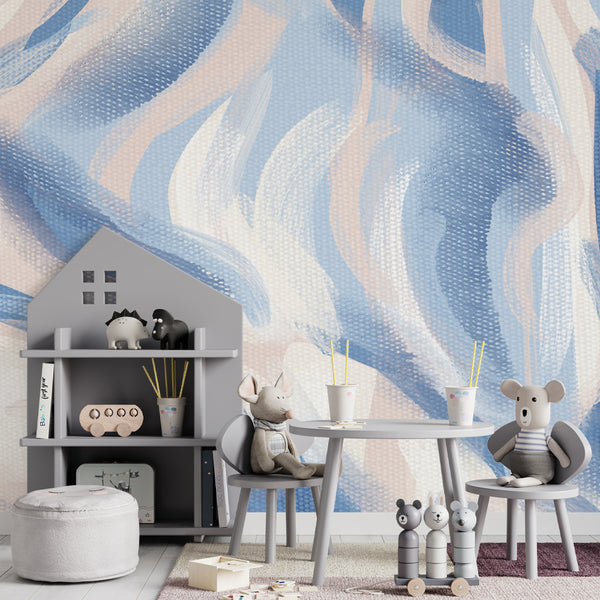Abstract blue and beige brushstroke peel and stick wallpaper in a modern living room