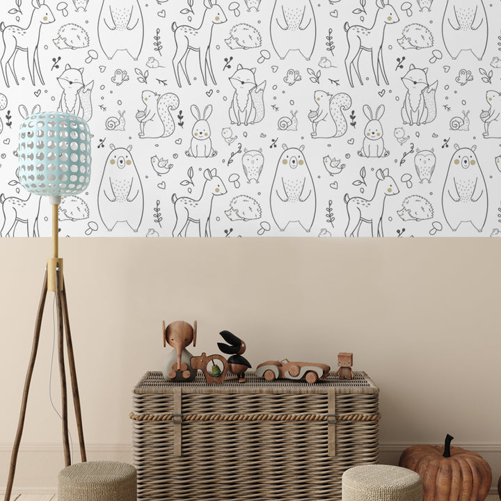Hand-drawn woodland animals wallpaper for baby nursery featuring bears, foxes, and deer on a clean white background, removable peel-and-stick or pre-pasted wall covering for easy installation.