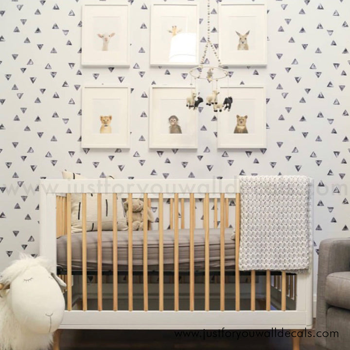 black and white nursery wallpaper, Triangle wallpaper, Black and white wallpaper, Modern geometric wallpaper, Minimalist wallpaper design, Contemporary home décor, Scattered triangle pattern, Neutral home wallpaper, Trendy wallpaper ideas, Versatile wallpaper, Easy-to-install wallpaper