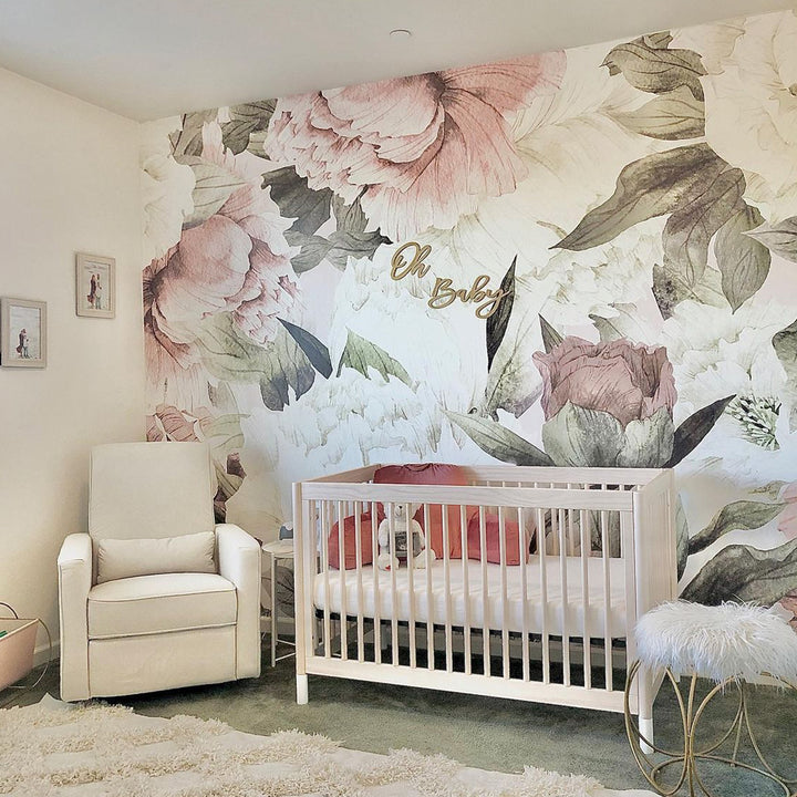 Botanical peony wall mural in blush and cream florals, designed as removable peel and stick or pre-pasted wallpaper for nursery feature walls, feminine bedrooms, or home décor projects.