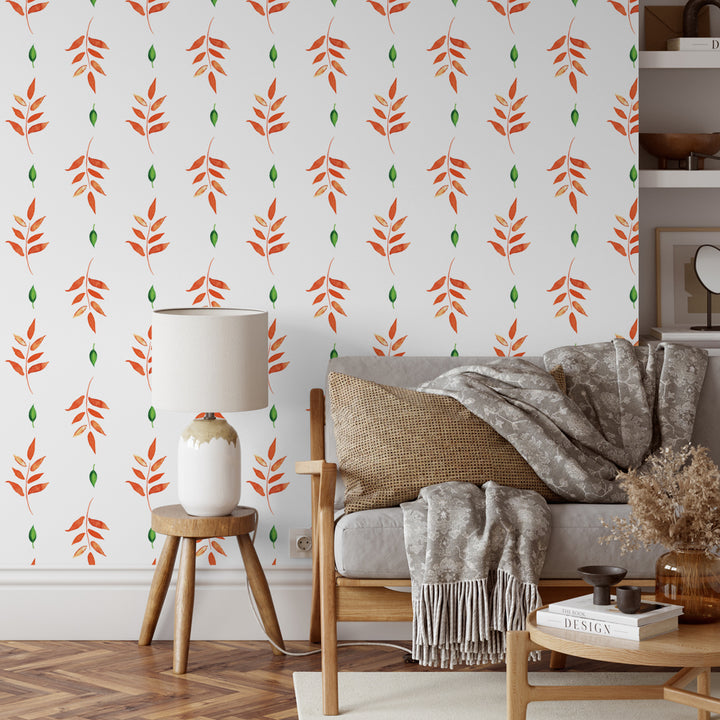 Minimalist watercolor vine wallpaper featuring orange leaves, removable and damage-free, perfect for entryways, reading nooks, or living spaces.