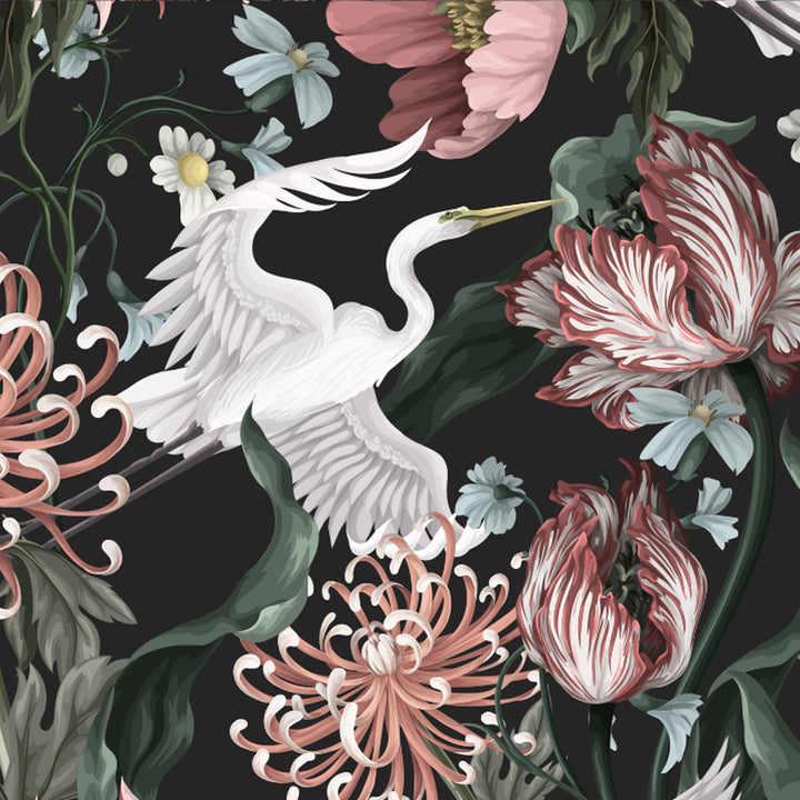 Crane Bird Wallpaper, Bird Floral Wallpaper, Crane Bird Chinoiserie Wallpaper, Chinese Birds Wallpaper, Heron Wallpaper Peel & Stick