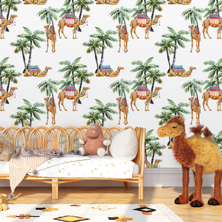 Boho camel and palm tree wallpaper pattern with watercolor details on a white background, available in peel and stick or pre-pasted options.