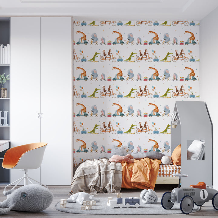 Whimsical bike parade wallpaper for nurseries and playrooms, featuring watercolor animals in soft pastel tones on white background, easy to apply and remove.