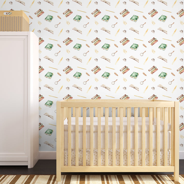 Whimsical school-themed wallpaper featuring magical books, writing tools, and study elements. harry potter peel and stick removable wallpaper