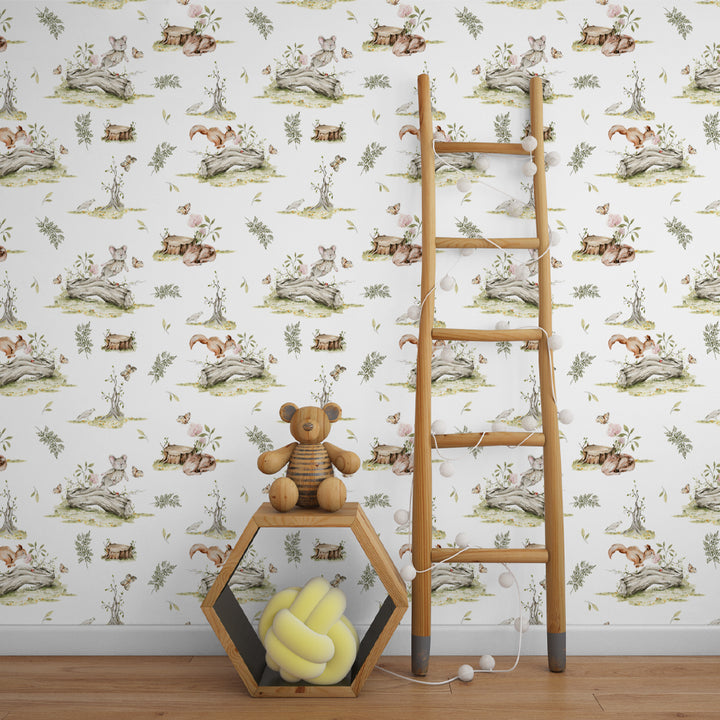 Whimsical forest wallpaper with watercolor wildlife scenes including squirrels, bunnies, foliage, and butterflies, available in removable wallpaper for easy DIY installation.