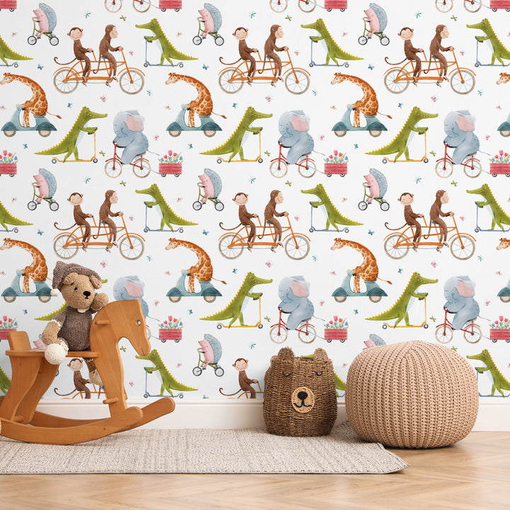 Nursery wallpaper featuring playful animals on bicycles and wagons, printed on eco-friendly material, removable and damage-free for easy decorating.