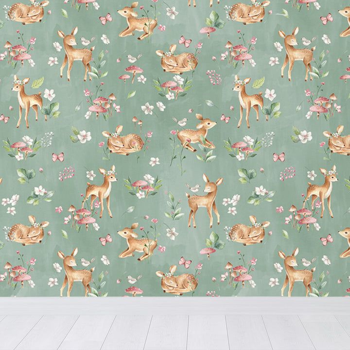 Whimsical deer wallpaper design with hand-drawn baby fawns and natural foliage in painterly watercolor textures, great for nurseries and kids décor.