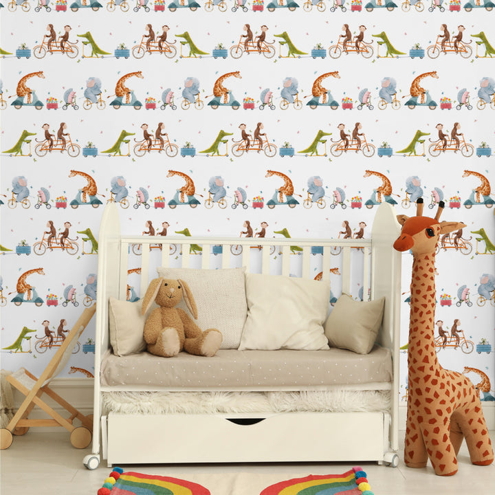 Playful animal wallpaper with dinosaurs, monkeys, and elephants riding scooters, printed on removable and wall-safe material, ideal for nursery walls