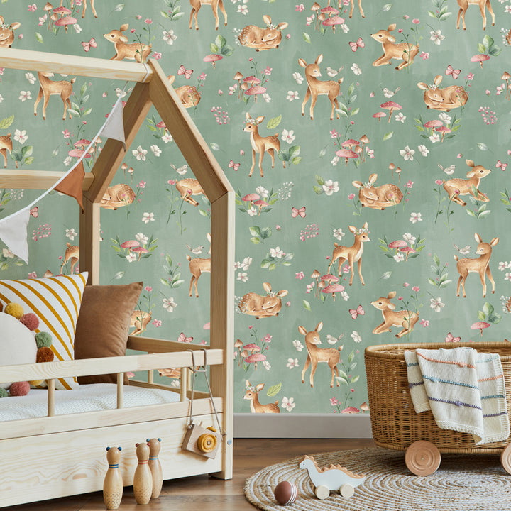 Baby deer themed wallpaper with gentle woodland creatures, flowers, and butterflies in neutral soft tones, offered in peel-and-stick or pre-pasted formats.