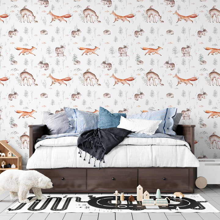 Woodland animals wallpaper featuring hedgehogs, foxes, and deer in watercolor style, removable and eco-friendly, perfect for cozy nursery walls.