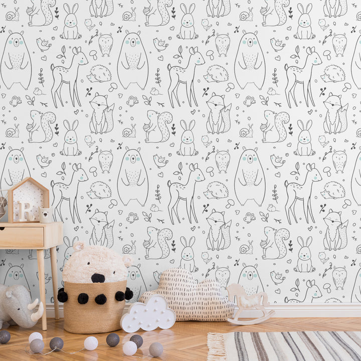 Cute woodland creature wallpaper design with minimal line drawings of forest animals, ideal for nurseries, playrooms, or children’s bedrooms, easy DIY application with peel-and-stick wallpaper