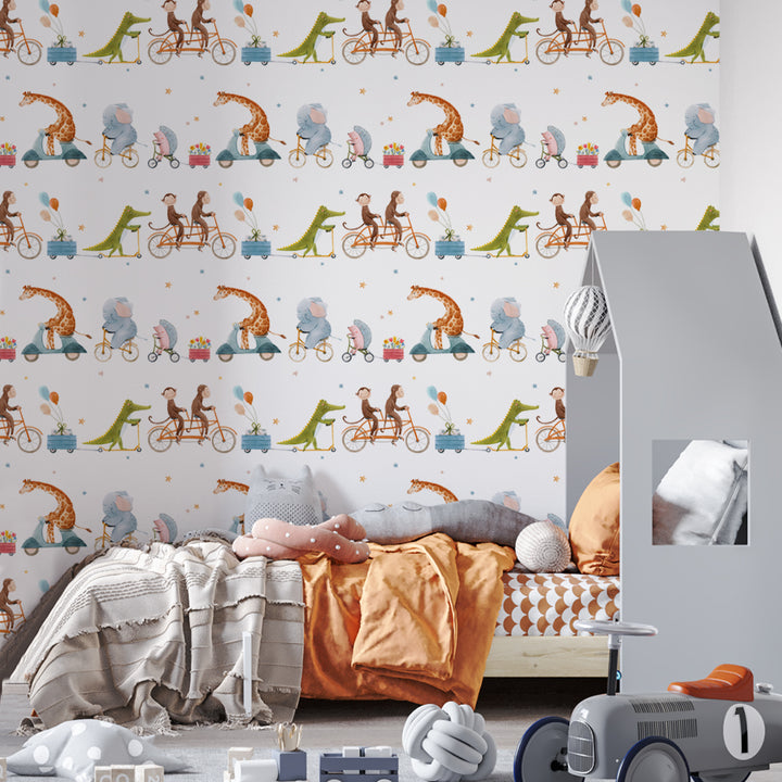 Playful animal parade wallpaper design with watercolor characters on bicycles and scooters, ideal for nurseries and playrooms, removable and eco-friendly.