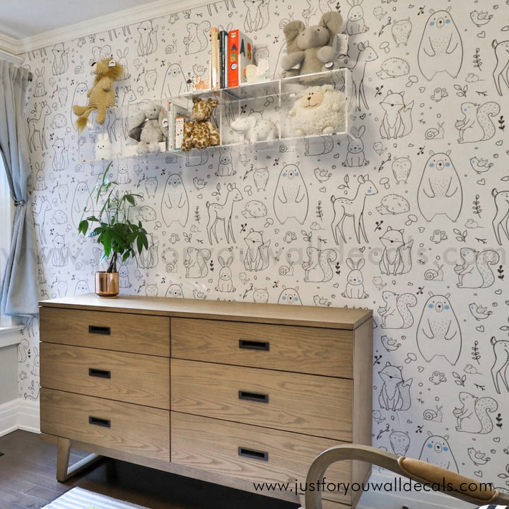 Baby Boy nursery woodland animal wallpaper peel and stick removable, kids wallpaper