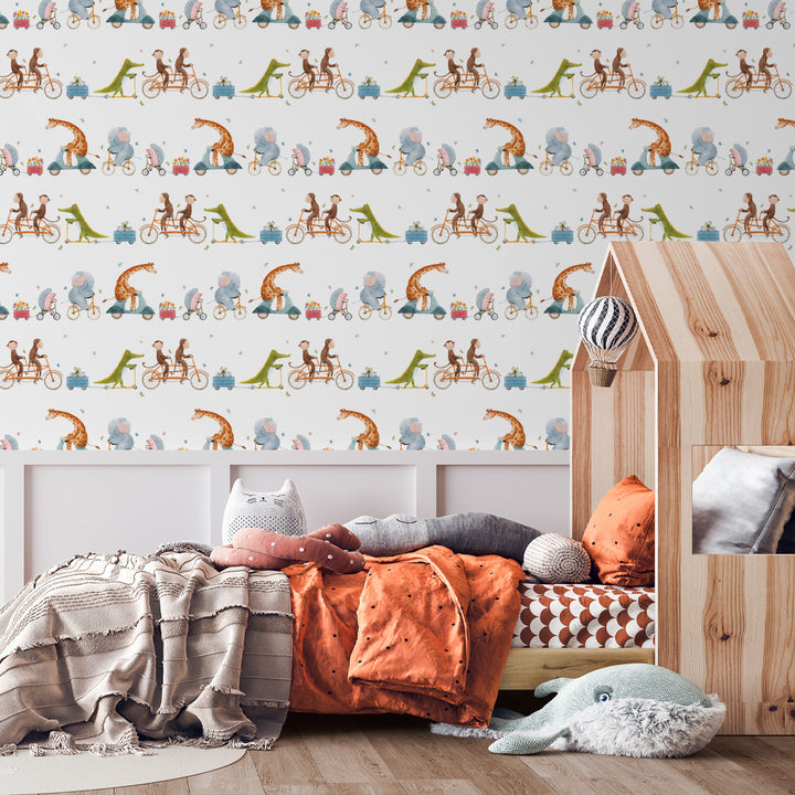 Storybook-style wallpaper featuring hand-painted animals on bicycles, scooters, and wagons, removable peel-and-stick or pre-pasted for easy installation.