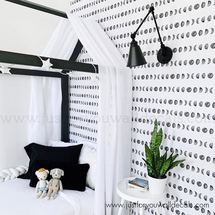 nursery wallpaper, Elegant wallpaper design featuring a repeating moon-phase pattern in black and white 