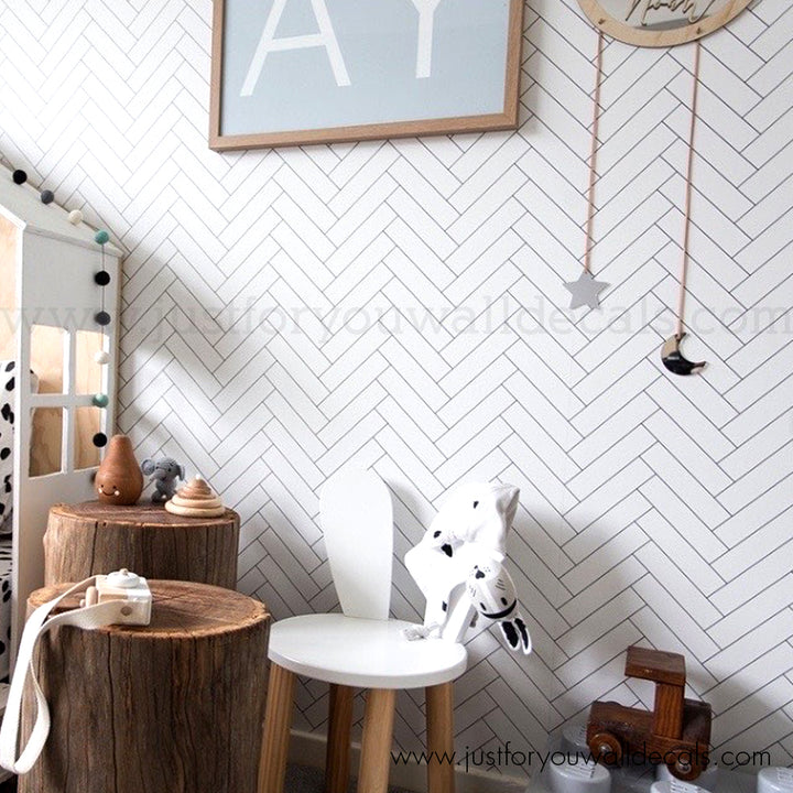 herringbone wallpaper, peel and stick kids wallpaper, modern nursery wallpaper, zigzag wall design, Scandinavian kids room wallpaper, white line pattern wallpaper, gender neutral wallpaper, minimal baby room wallpaper, stick on herringbone wallpaper, trendy playroom decor