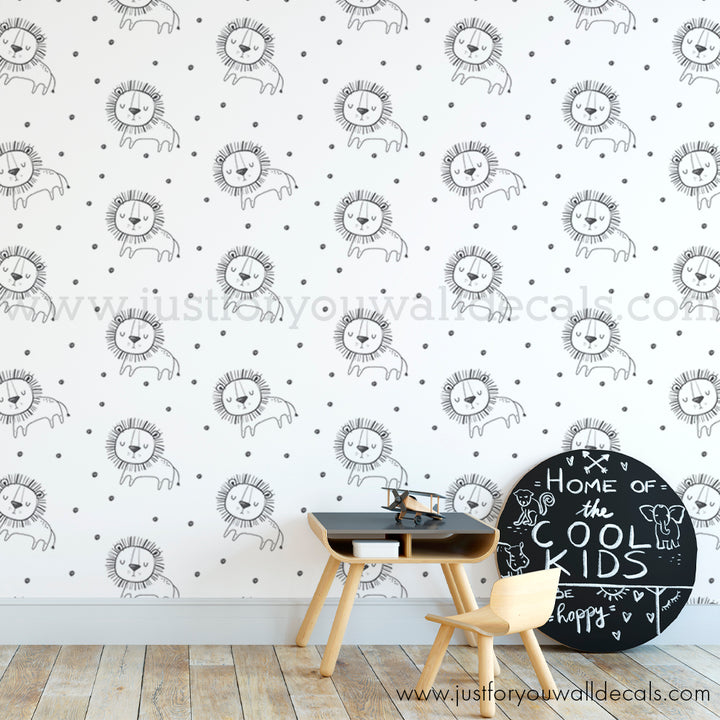 Black and white lion safari animal peel and stick wallpaper removable, lion animal nursery wallpaper