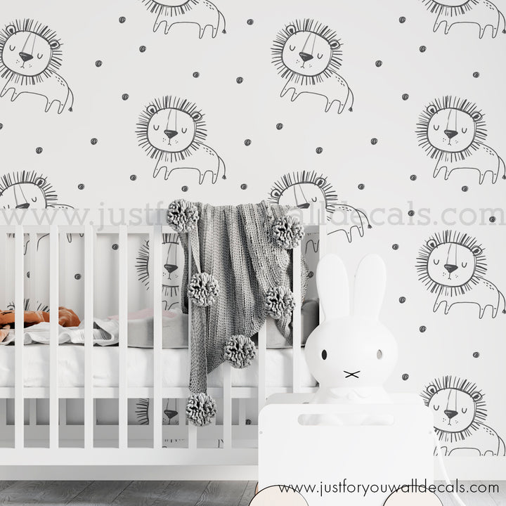 Black and white lion safari animal peel and stick wallpaper removable, lion animal nursery wallpaper