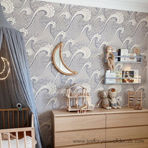 boys room wallpaper, Contemporary wallpaper featuring repeating ocean wave patterns in soothing blue and white