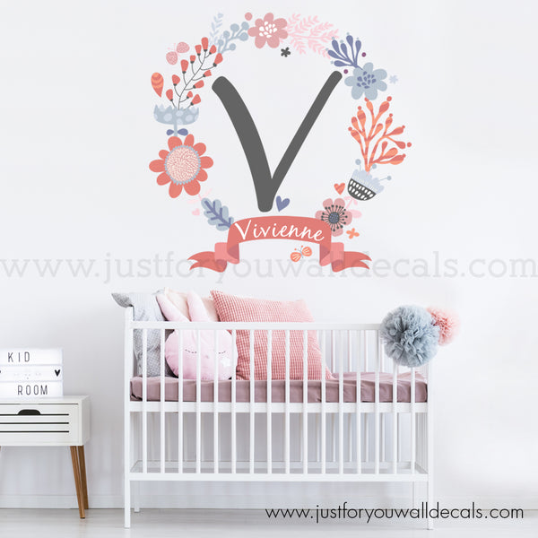 Flower Name Wall Decal, Monogram Wall Decal
