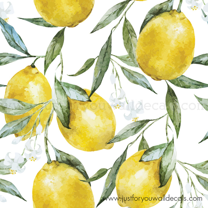 Watercolor lemon wallpaper design featuring bright yellow lemons and green leaves on a white background.