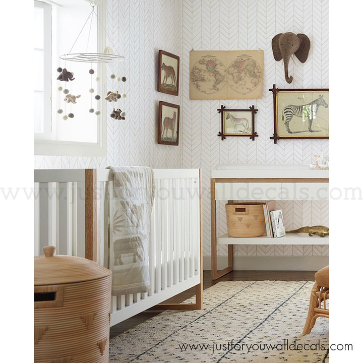 nursery wallpaper, Elegant minimalist wallpaper featuring classic vertical herringbone lines in a neutral monochrome color palette.