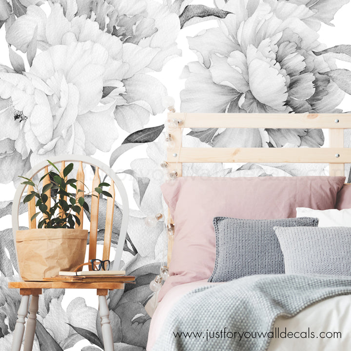 Peony Flower Mural Wallpaper - Black and White